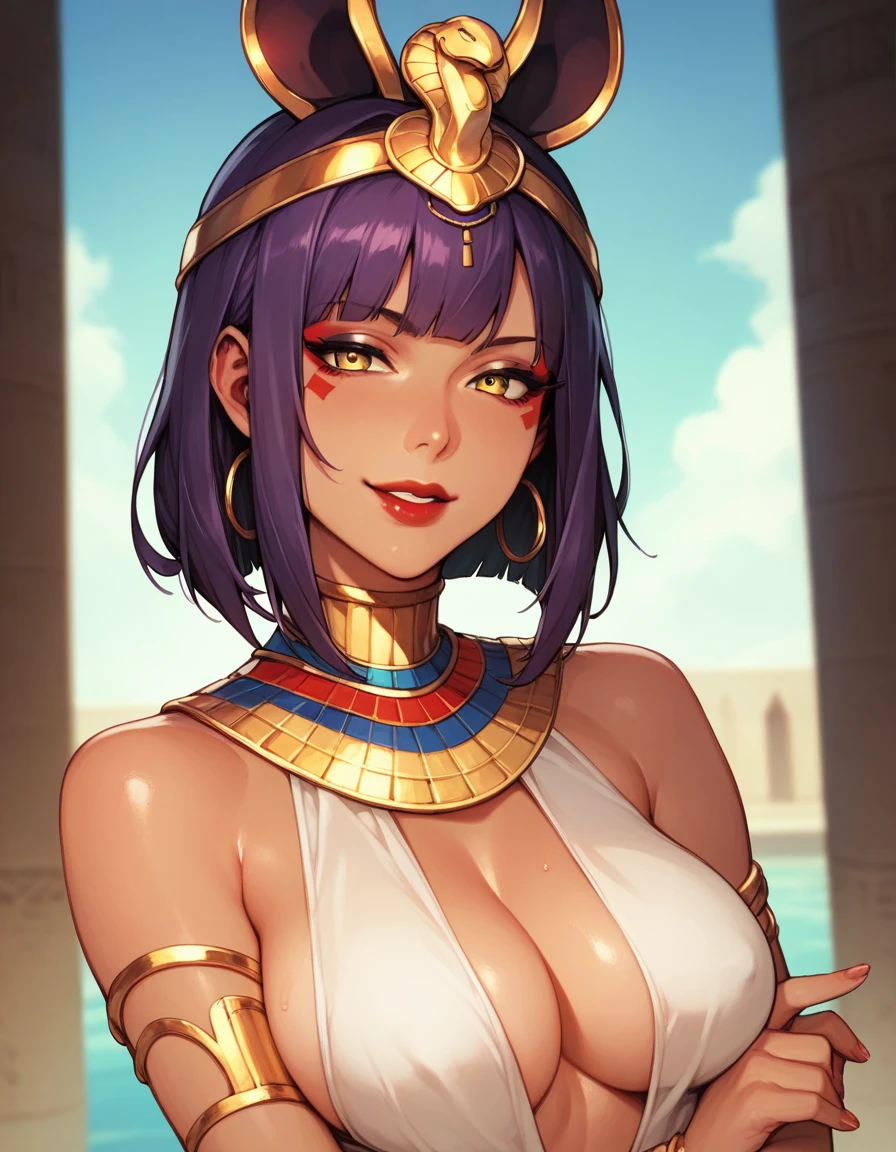 Woman with straight wine red purple hair with yellow eyes, Red lips, arrogant smile, exercised body with  two-piece Egyptian clothing, exercised arms,