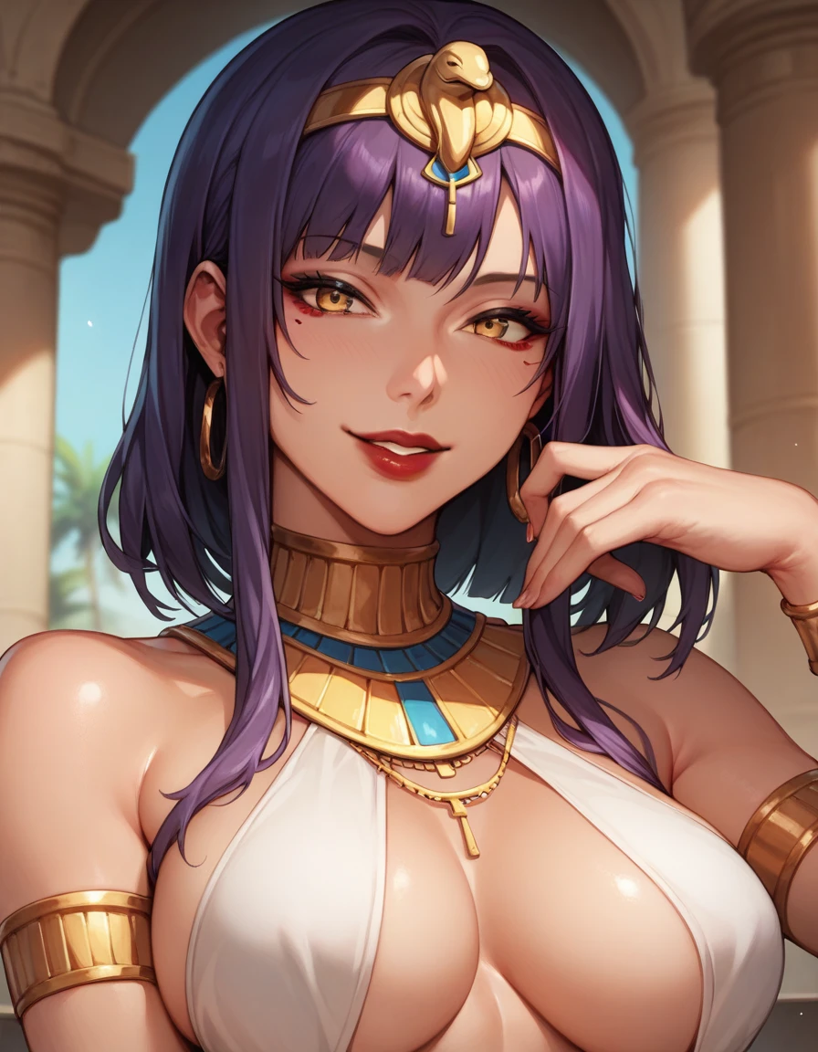 Woman with straight wine red purple hair with yellow eyes, Red lips, arrogant smile, exercised body with sexy two-piece Egyptian clothing, exercised arms,