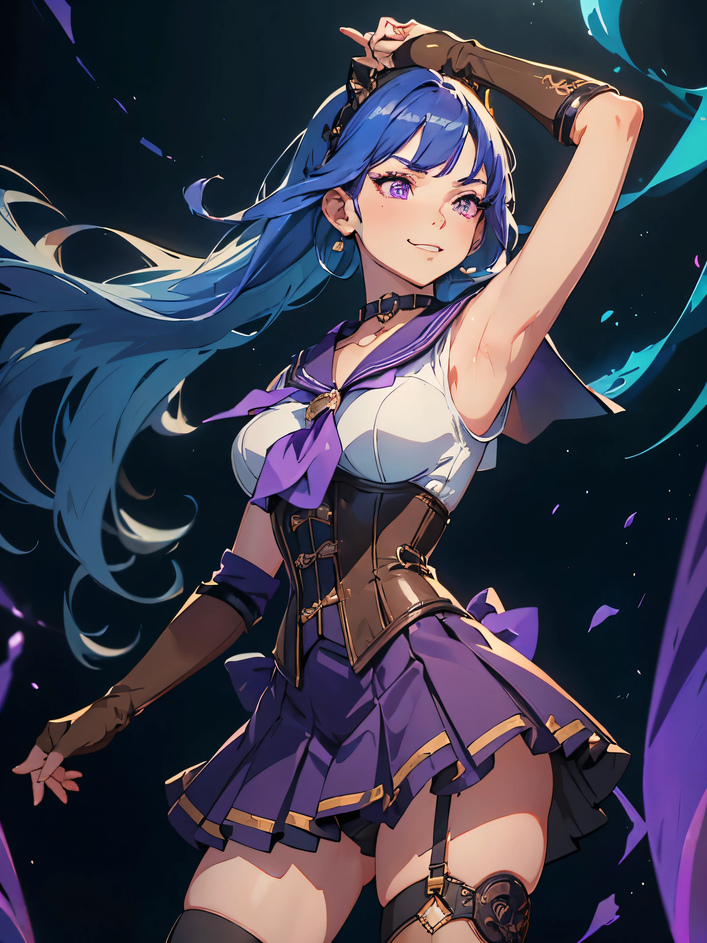 masterpiece, high quality, standing, 1_women, (upper body), (dancing), (((looking away from viewer))), (bright blue hair), medium length hair, cute bangs, flowing hair, (exotic skin_complexion:1.4),mature, tall, diamond shaped eyes, (((purple eyes))), dark_eyeliner, long_eyelashes), (hands up), (purple fingerless_gloves), beautiful, exotic, elegant, slim, (((sailor collar))), black thigh highs, choker, medium bust, (brown steampunk corset), black ta style skirt, knee high heel with laces, (sleeveless), natural dynamic lighting, ((smirking)), steampunk, dark nightclub, laser lights, spot lights,