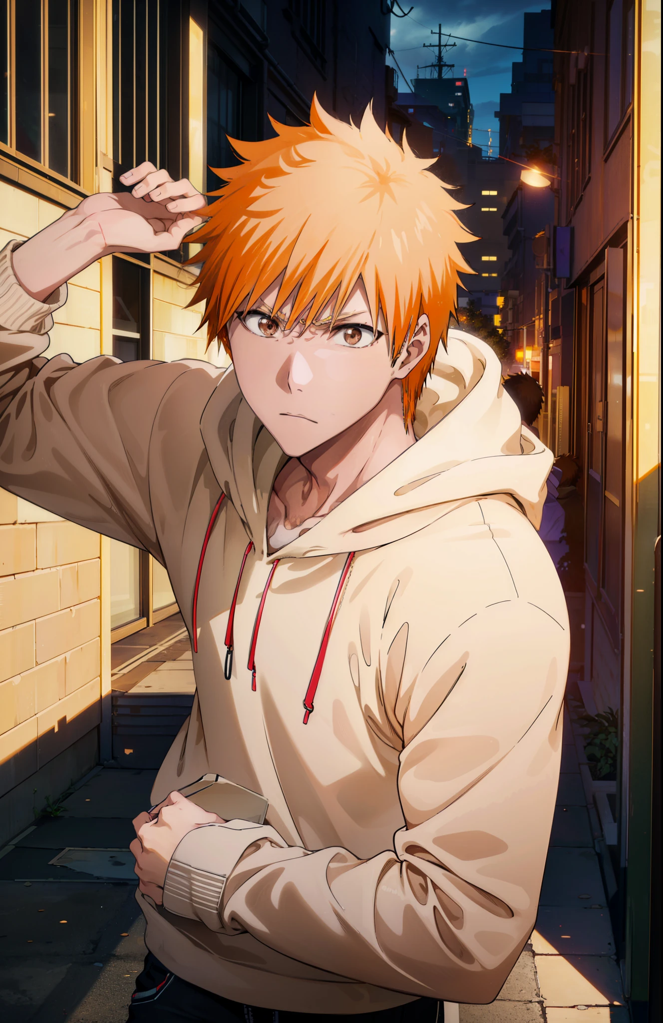 Ichigokurosaki, Ichigo Kurosaki, short hair, Orange Hair, Spiked Hair, (Brown eyes:1.5),
Oversized black hoodie,jeans,White sneakers,Walking,whole bodyがイラストに入るように,Daytime,Cold Sky, He has his hands in his hoodie pockets.,
break looking at viewer, whole body,
break outdoors, Building district,
break (masterpiece:1.2), Highest quality, High resolution, unity 8k wallpaper, (figure:0.8), (Beautiful attention to detail:1.6), Highly detailed face, Perfect lighting, Highly detailed CG, (Perfect hands, Perfect Anatomy),