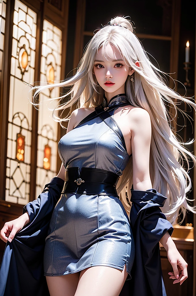 ((masterpiece:1.5,Highest quality,Highly detailed images,Beautiful images、Realistic、Photorealistic、2.5D))(1girl, 独奏)(medium breasts, white hair, black eyes, Healthy legs、Tight ass、Beautiful cleavage)(Fantasy dresses、Fantasy Clothes、Battle Dress from Another World、Deep slit)(wind, floating hair)(Inside the castle、Audience Chamber）
