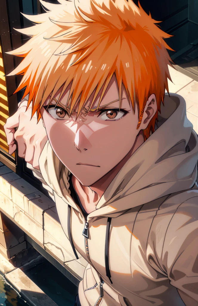 Ichigokurosaki, Ichigo Kurosaki, short hair, Orange Hair, Spiked Hair, (Brown eyes:1.5),
Oversized black hoodie,jeans,White sneakers,Walking,whole bodyがイラストに入るように,Daytime,Cold Sky, He has his hands in his hoodie pockets.,
break looking at viewer, whole body,
break outdoors, Building district,
break (masterpiece:1.2), Highest quality, High resolution, unity 8k wallpaper, (figure:0.8), (Beautiful attention to detail:1.6), Highly detailed face, Perfect lighting, Highly detailed CG, (Perfect hands, Perfect Anatomy),