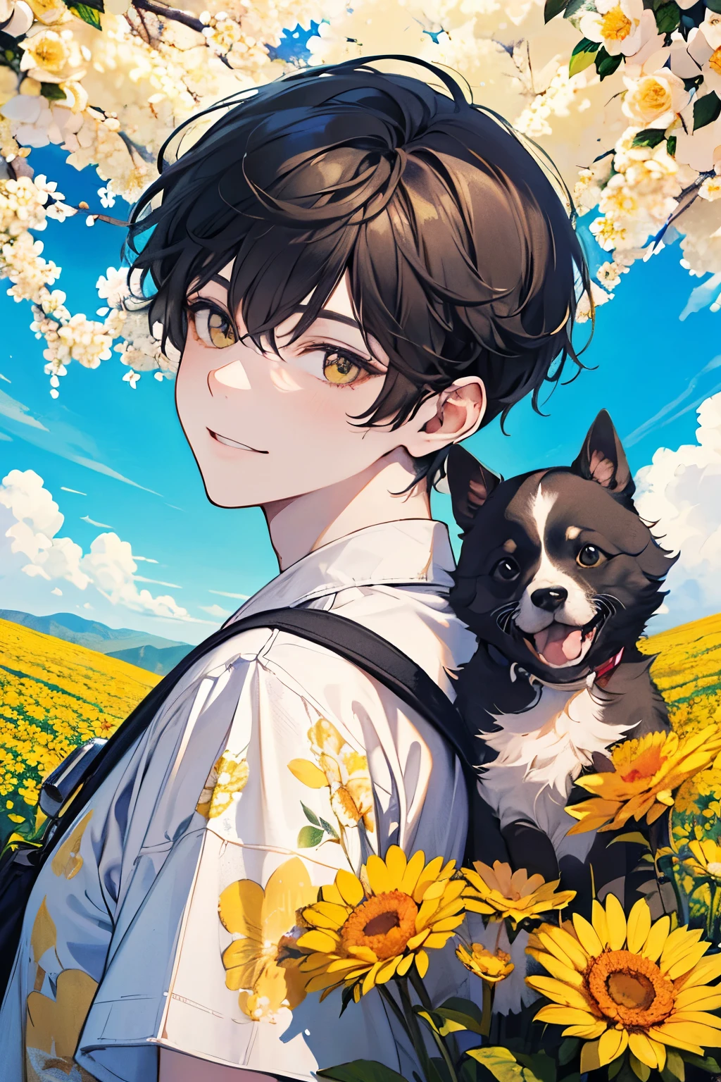 ((young men's:1.1)),(Oversized floral T-shirt:1.35),Prompt: An incredibly charming carrying a backpack, accompanied by her adorable puppy, enjoying a lovely spring outing surrounded by beautiful yellow flowers and natural scenery. The illustration is in high definition at 4k resolution, with highly-detailed facial features and cartoon-style visuals,smile,(Gazing at each other:1.1).