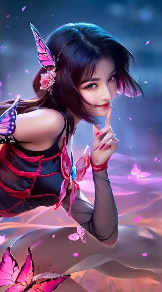 a close up of a girl with a butterfly on her head, butterfly on head, beautiful detailed eyes, beautiful detailed lips, sexy smile,extremely detailed eyes and face, long eyelashes, delicate features, serene expression, soft lighting, warm colors, cinematic, portrait, high quality, 8k, realistic, photorealistic