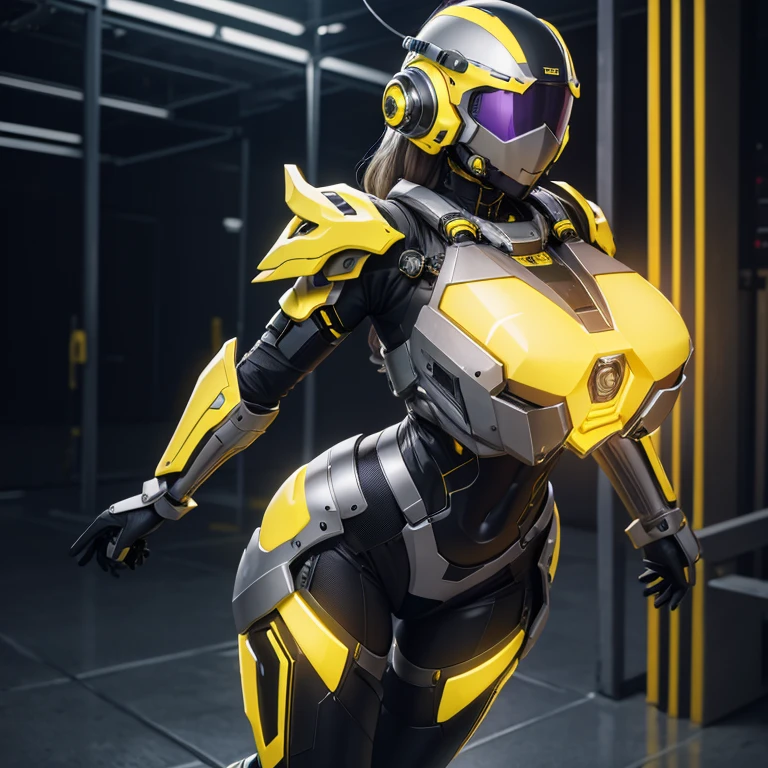 (masterpiece), (best quality), (high res) Solo, (perfect anatomy) Dronificated unknown woman , (enclosed gray full body heavy armor), (yellow lights), (yellow circular glowing core in the chest), (enclosed cyber helmet), mechanical wings, (yellow screen), huge breast, narrow waist, wide hips, thick thighs, in a storage, (no face) no face, no hair, no mouth, no eyes, in a factory