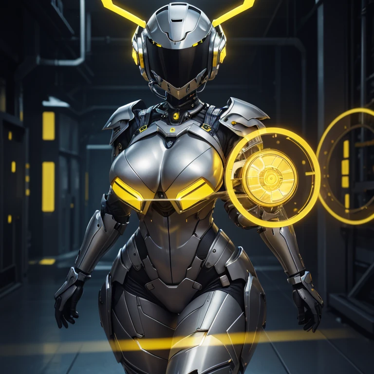 (masterpiece), (best quality), (high res) Solo, (perfect ) Dronificated unknown woman , (enclosed gray full body heavy armor), (yellow lights), (yellow circular glowing core in the chest), (enclosed cyber helmet), mechanical wings, (yellow screen), huge breast, narrow waist, wide hips, thick thighs, in a storage, (no face) no face, no hair, no mouth, no eyes, in a factory