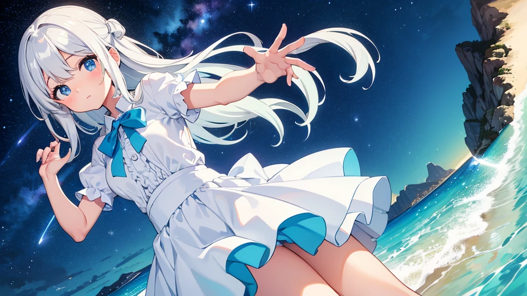 A nice white shirt that lets you see. 、Light blue flared skirt with ruffles、She lifts her skirt with both hands to show off her pretty white underwear.、Cute white underwear visible when you lift your skirt.、sandy beach, beautiful sea, night and starry sky