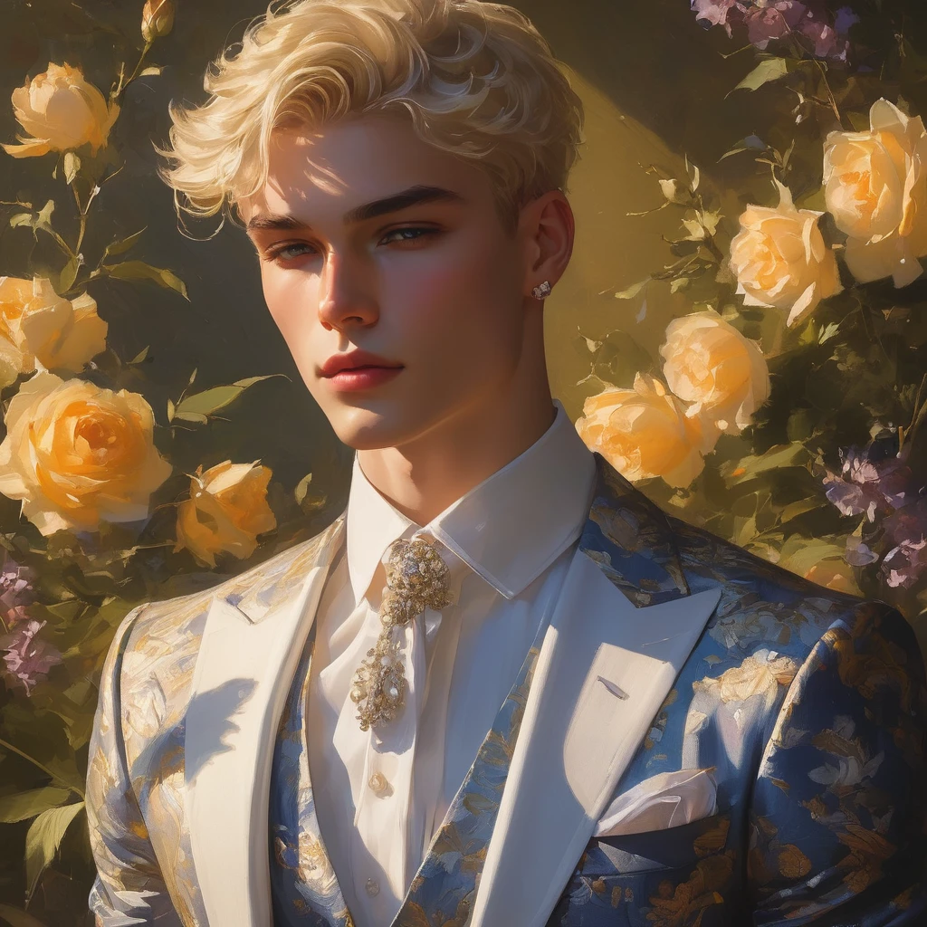 Candid Vogue fashion editorial shot of 2man mixed of male supermodel, 22 year old, short platinum blonde hair, masculine appearance with slender physique, symmetric face, natural olive skin tone, exudes youthfulness and athleticism, he is very photogenic, Position against an ornate dark background featuring a framed floral painting wallpaper to add depth and richness to the scene, (He wears a luxurious white and rainbow patterned suit whit short pants), semi hard bulge, expression is serene and slightly introspective, with a soft confident gaze directed slightly off-camera, Utilize natural soft lighting streaming in from a window, casting gentle highlights and shadows that accentuate the contours of his face and the texture of his outfits, The light creates a warm intimate atmosphere with a golden tone that enhances his skin, The interplay of light and shadow adds depth and dimension to the scene, slightly blurred focus background, bringing into sharp clear detail while the rich tones of the background enhance the overall opulence of the image. Capture full-body short, dynamic angle, using a Canon EOS R7 and Sigma AF 85mm F1.4 EX DG HSM lens by Thomas Synnamon, Employ a shallow depth of field to focus on his face and body, Draw inspiration from high-fashion photographer, emphasize detail, texture and a sophisticated luxurious atmosphere, Emphasize the golden warm lighting and its effect on enhancing his features and the rich textures, creating a visually captivating and elegant portrait that exudes warmth and sophistication, The overall mood blend the classical elegance of the modern, high-fashion aesthetic, producing an image that feels both timeless and contemporary, raw photo, masterpiece, best quality, Correct body structure, Correct photo distance, LGBTQ,