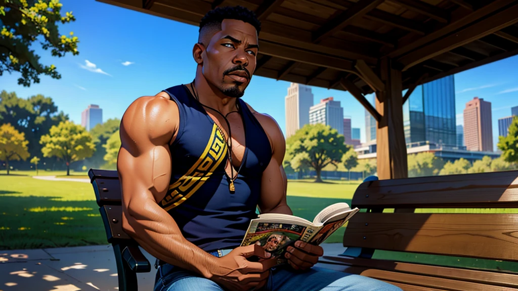 48 year old, african-american man, sitting on a park bench reading an erotic magazine, cinematic action, masterpiece, super detail, textured skin, atmospheric perspective,