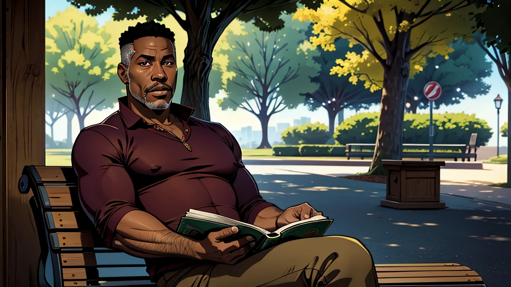 48 year old, african-american man, sitting on a park bench reading an erotic magazine, cinematic action, masterpiece, super detail, textured skin, atmospheric perspective,