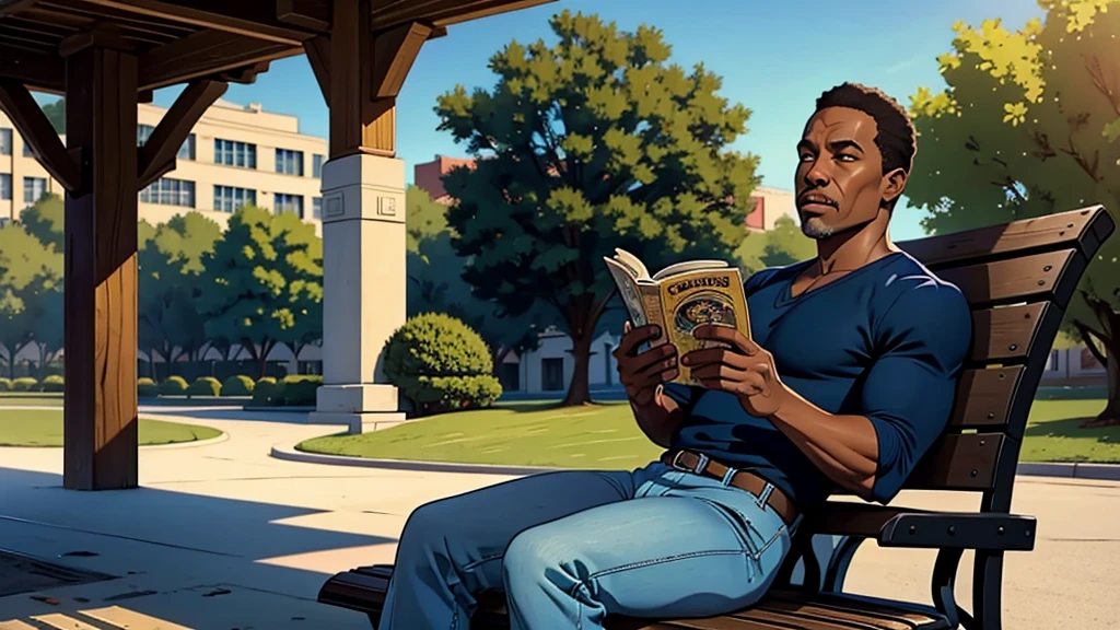 48 year old, african-american man, sitting on a park bench reading an erotic magazine, cinematic action, masterpiece, super detail, textured skin, atmospheric perspective,