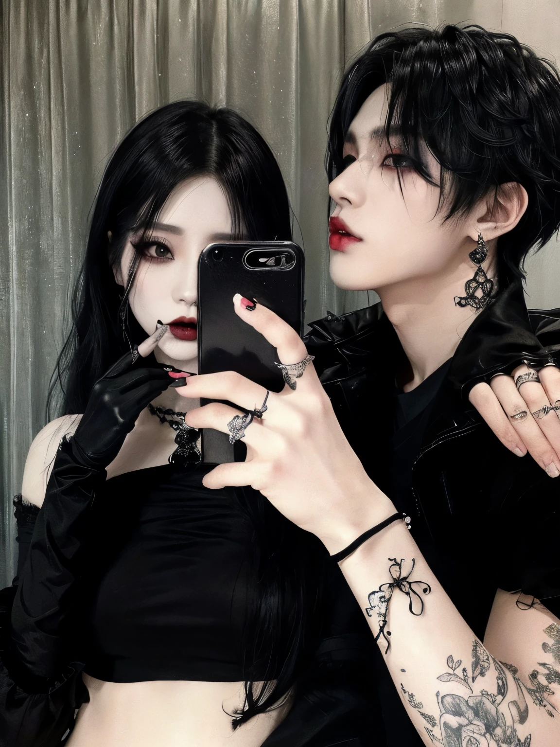 They are both wearing black gloves and holding a cell phone., ulzzang, gothic aesthetic, wicked ulzzang, Couple pose, cruel korean gothic girl, gothic girl aesthetic, They are pixivs and junji, Couple, gothic hearts, Gothic style, gothic aesthetic, 👅 👅, cai xukun, nixeu and sakimichan, ✨🕌🌙