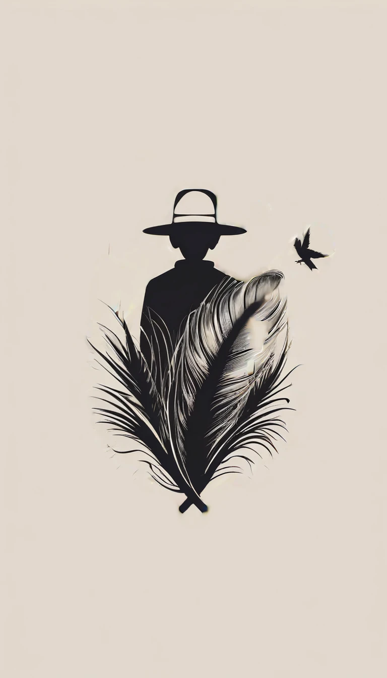 A minimalist, fantastic, poetic, dreamy, captivating, memorable, masterpiece, modern, simple logo design of a boy and a feather for the brand “Penamemoria". The logo design must convey a sense of storytelling, memories, dreams and music.. Minimalistic logo design of a boy and a feather.