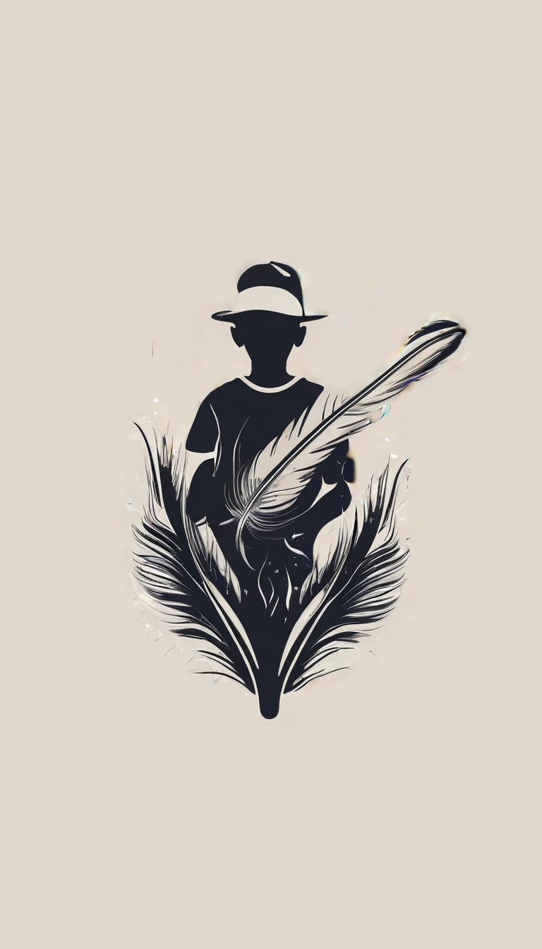 A minimalist, fantastic, poetic, dreamy, captivating, memorable, masterpiece, modern, simple logo design of a boy and a feather for the brand “Penamemoria". The logo design must convey a sense of storytelling, memories, dreams and music.. Minimalistic logo design of a boy and a feather.