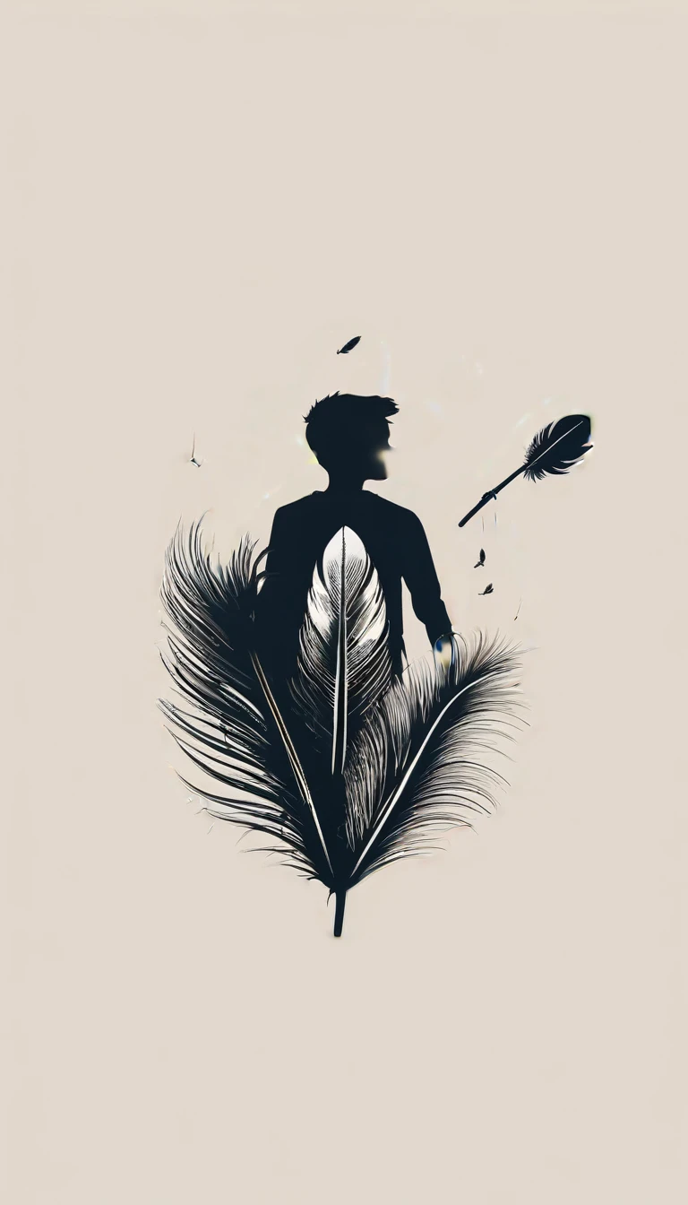 A minimalist, fantastic, poetic, dreamy, captivating, memorable, masterpiece, modern, simple logo design of a boy and a feather for the brand “Penamemoria". The logo design must convey a sense of storytelling, memories, dreams and music.. Minimalistic logo design of a boy and a feather.