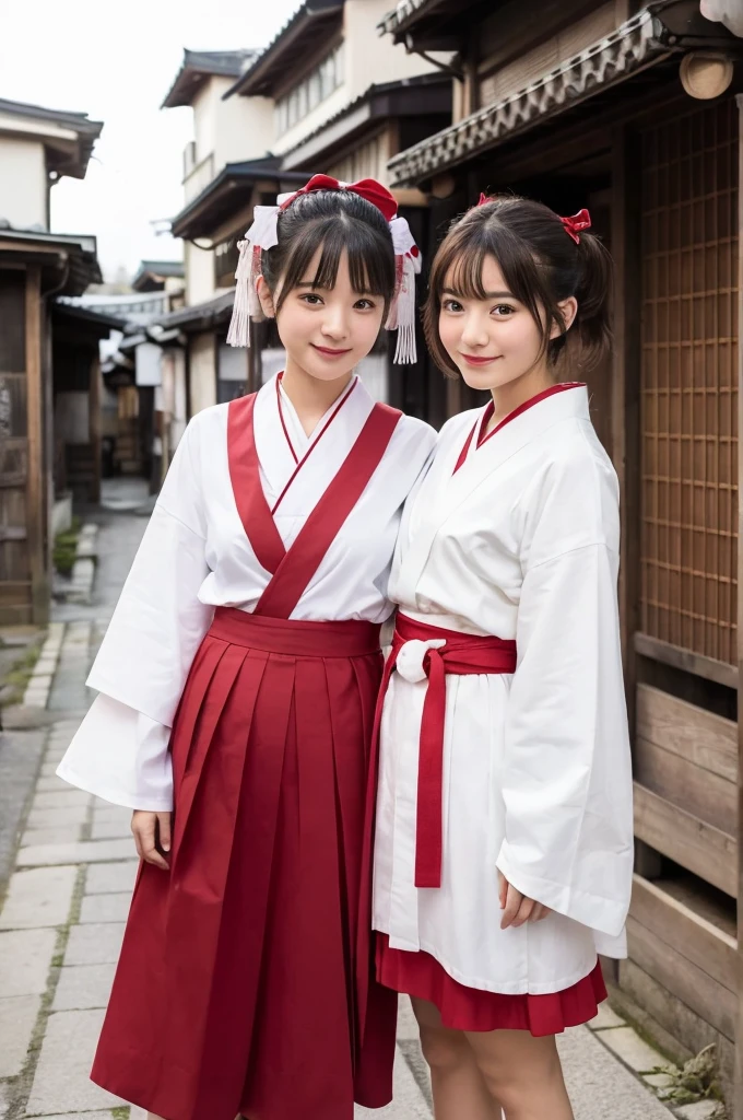 2 girls standing in old-Japanese street,white hakama top,red hakama bottom,18-year-old,bangs,a little smile,short hair and low pigtails with red ribbon bow,from before,front light