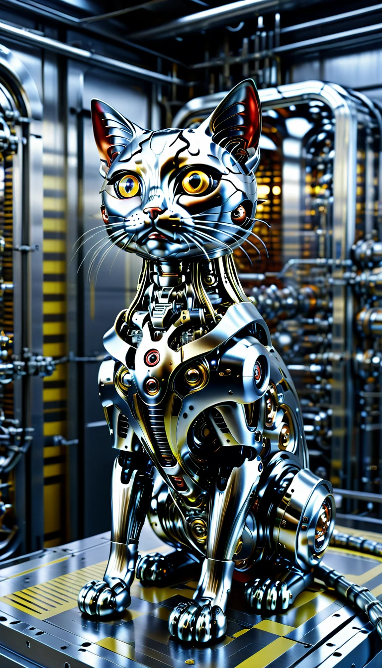 No human, realistic shooting, realism, Realistic photos of cat-like creatures, strange and surreal, Robotic factory with shiny assembly lines, intricate details, Very sharp, exquisite details, perfect composition, vivid colors, masterpiece, future oriented, metal decoration, shiny metallic interior, hollow interior, Polish, ray tracing