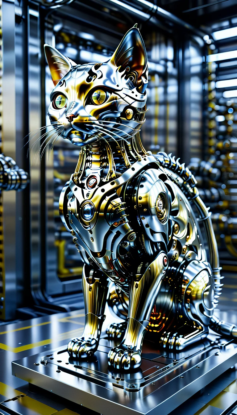 No human, realistic shooting, realism, Realistic photos of cat-like creatures, strange and surreal, Robotic factory with shiny assembly lines, intricate details, Very sharp, exquisite details, perfect composition, vivid colors, masterpiece, future oriented, metal decoration, shiny metallic interior, hollow interior, Polish, ray tracing