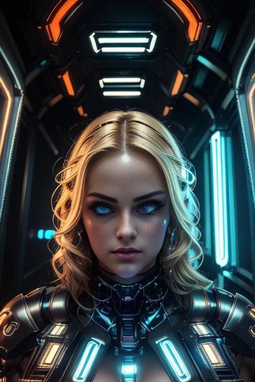 a cyberpunk beautiful blonde, futuristic cyborg, robotic beautiful blonde, intricate machinery, glowing eyes, neon lights,  , dark moody atmosphere, dynamic composition, cinematic lighting, vibrant colors, digital art, 8k, high quality, masterpiece, photorealistic
