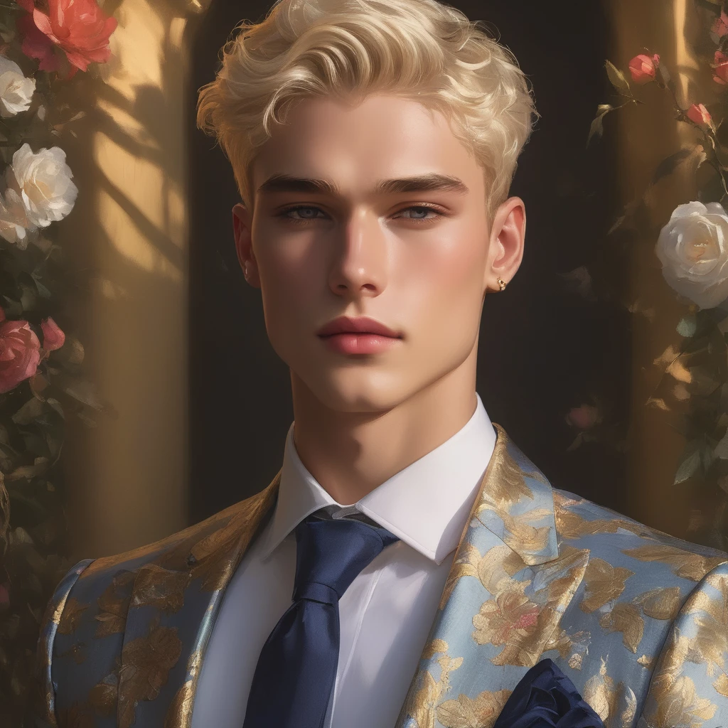 Candid Vogue fashion editorial shot of 2man mixed of male supermodel, 22 year old, short platinum blonde hair, masculine appearance with slender physique, symmetric face, natural olive skin tone, exudes youthfulness and athleticism, he is very photogenic, Position against an ornate dark background featuring a framed floral painting wallpaper to add depth and richness to the scene, (He wears a luxurious white and rainbow patterned suit whit short pants), semi hard bulge, expression is serene and slightly introspective, with a soft confident gaze directed slightly off-camera, Utilize natural soft lighting streaming in from a window, casting gentle highlights and shadows that accentuate the contours of his face and the texture of his outfits, The light creates a warm intimate atmosphere with a golden tone that enhances his skin, The interplay of light and shadow adds depth and dimension to the scene, slightly blurred focus background, bringing into sharp clear detail while the rich tones of the background enhance the overall opulence of the image. Capture full-body short, dynamic angle, using a Canon EOS R7 and Sigma AF 85mm F1.4 EX DG HSM lens by Thomas Synnamon, Employ a shallow depth of field to focus on his face and body, Draw inspiration from high-fashion photographer, emphasize detail, texture and a sophisticated luxurious atmosphere, Emphasize the golden warm lighting and its effect on enhancing his features and the rich textures, creating a visually captivating and elegant portrait that exudes warmth and sophistication, The overall mood blend the classical elegance of the modern, high-fashion aesthetic, producing an image that feels both timeless and contemporary, raw photo, masterpiece, best quality, Correct body structure, Correct photo distance, LGBTQ,
