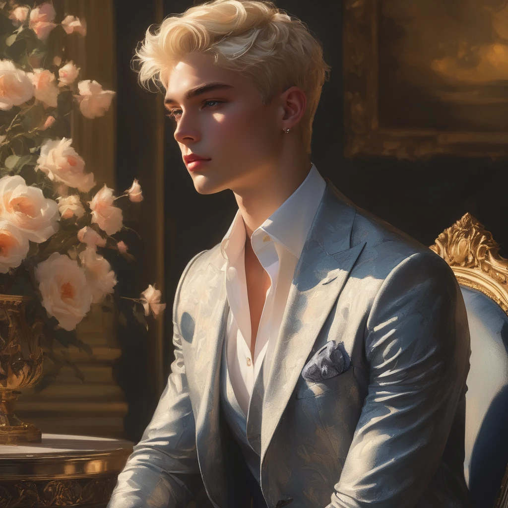 Candid Vogue fashion editorial shot of 2man mixed of male supermodel, 22 year old, short platinum blonde hair, masculine appearance with slender physique, symmetric face, natural olive skin tone, exudes youthfulness and athleticism, he is very photogenic, Position against an ornate dark background featuring a framed floral painting wallpaper to add depth and richness to the scene, (He wears a luxurious white and rainbow patterned suit whit short pants), semi hard bulge, expression is serene and slightly introspective, with a soft confident gaze directed slightly off-camera, Utilize natural soft lighting streaming in from a window, casting gentle highlights and shadows that accentuate the contours of his face and the texture of his outfits, The light creates a warm intimate atmosphere with a golden tone that enhances his skin, The interplay of light and shadow adds depth and dimension to the scene, slightly blurred focus background, bringing into sharp clear detail while the rich tones of the background enhance the overall opulence of the image. Capture full-body short, dynamic angle, using a Canon EOS R7 and Sigma AF 85mm F1.4 EX DG HSM lens by Thomas Synnamon, Employ a shallow depth of field to focus on his face and body, Draw inspiration from high-fashion photographer, emphasize detail, texture and a sophisticated luxurious atmosphere, Emphasize the golden warm lighting and its effect on enhancing his features and the rich textures, creating a visually captivating and elegant portrait that exudes warmth and sophistication, The overall mood blend the classical elegance of the modern, high-fashion aesthetic, producing an image that feels both timeless and contemporary, raw photo, masterpiece, best quality, Correct body structure, Correct photo distance, LGBTQ,