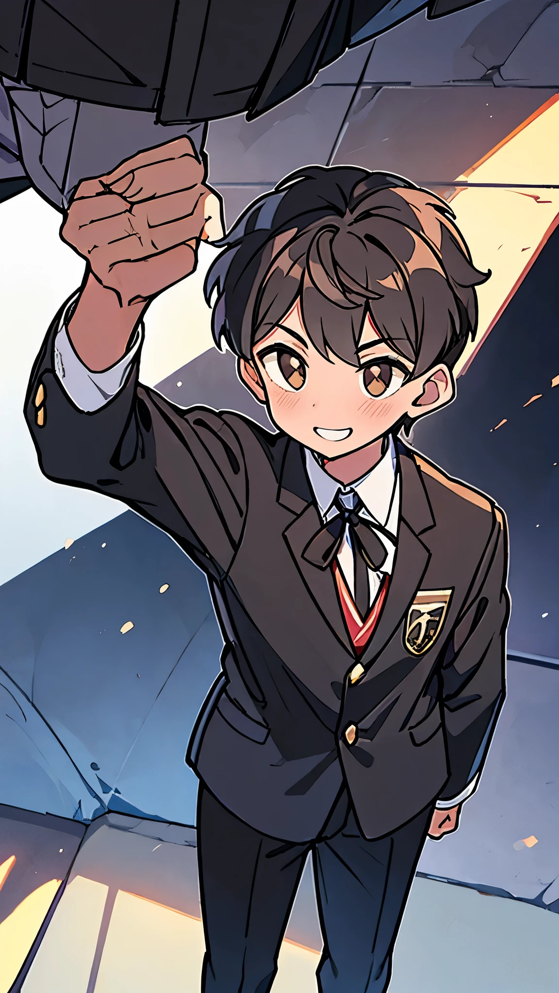 Kevin Yulianto, male teenager, high school student of average height with short spiky brown hair, with two short locks of hair behind his head, light brown eyes, muscular and toned build, Kuoh Academy boys' , which consists of a blazer,  more commonly black, over a white, long-sleeved dress shirt with black highlights with a black ribbon on the collar, matching black pants, brown dress shoes, smile, handsome, background in the Kuoh Academy private school yard in the morning with several students from a distance.