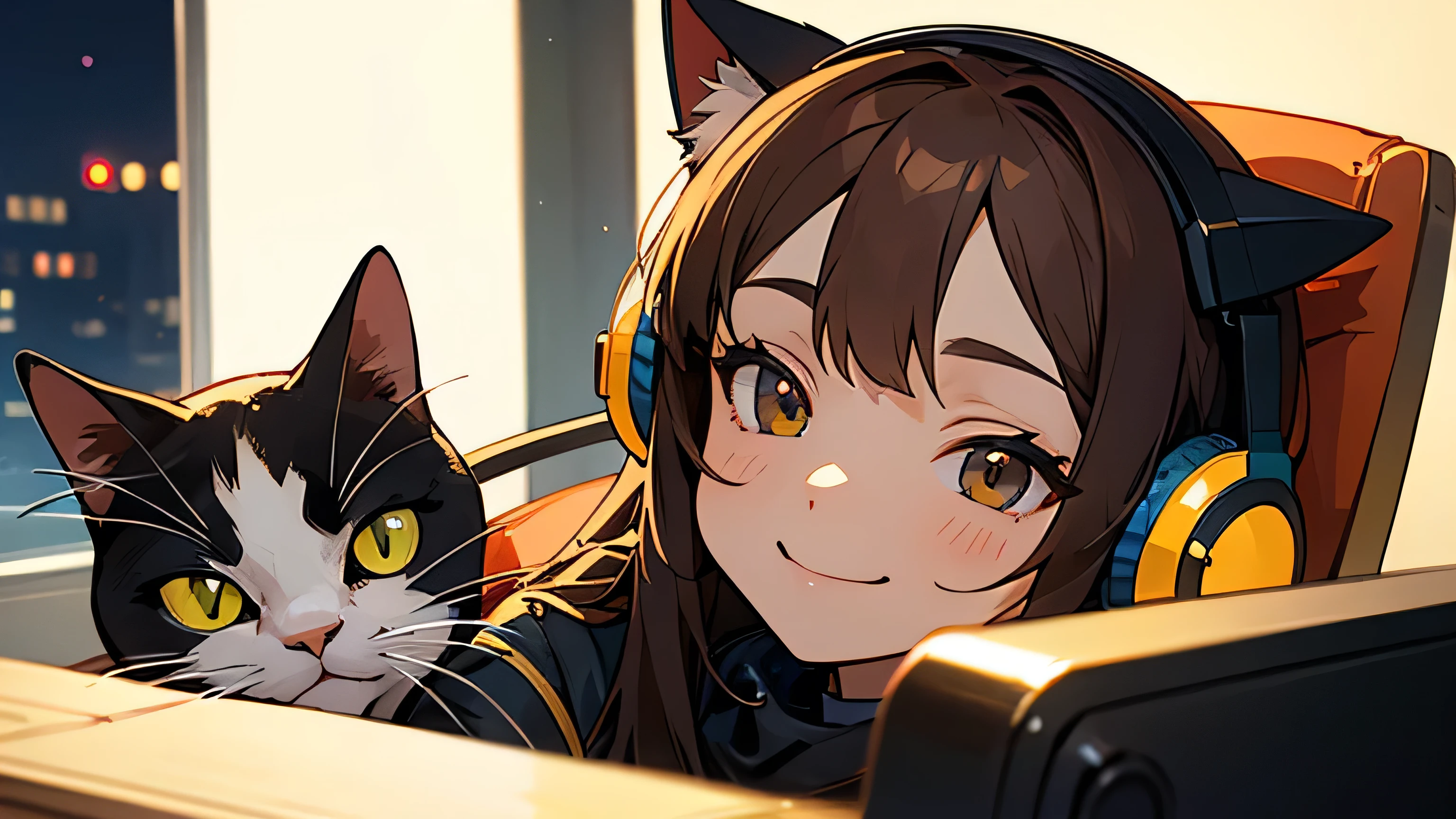 Room with speakers、Cat with headphones、Face close-up、night、Brown Hair、smile、Sitting in a chair