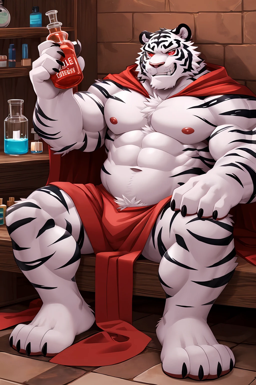 (sfw:1.5), male focus, pharmacist, Handsome 1boy, solitary,protrait photo,single, (Black nails, Black claws, White feet, White feet底板:1.4), White hair, White skin, (Black tiger stripe:1.5), (Black tiger stripes on arms, Black tiger stripes on legs, Black stripes on arms, Black stripes on legs:1.4), (White tail:1.3), White Teeth, (White fangs, Exquisite fangs, Perfect fangs:1.5), Delicate teeth, Perfect Teeth, (Perfect red eyes:1.4), (White body:1.3),
White Tiger, White Tiger, dragon boy, dragon body, feet, (evil eyes, big eyes, large eyes:1.4), (Chubby, The body is huge, Larger face:1.3), Human feet, (Four toes:1.4),
(Red cloth wrapped around the crotch, Red Cape:1.4), (Topless:1.1),
(full body:1.2), Front view, (Middle-aged men, Mature men:1.4), (Strong body, muscle,Strong male, muscle男, Bare chest muscles:1.3), Red nipples, (Abdominal muscles:1.4), belly button, (Bare legs, Strong and strong legs, Strong legs, bare arm, Thick arms:1.3), (Sitting, Sitting:1.3), (Looking at the audience, Focus, Eyes gaze:1.1), enjoy, (evil smile, evil grin, Smirk, evil smile, Evil smile:1.5), (Raise your hand,1.2), (Holding red potion in hand:1.4),
full background, Stone brick floors, Stone Wall, indoor, (Potion Rack, Wooden frame, Pharmacy potion bottle:1.2), night, Candle,, Dim environment,
Mysterious and romantic atmosphere, Caustic lines(refraction, polarization)Perfect anatomical structure, absurd, Detailed background, (Delicate eyes:1.3),Printing style。((artist:Takemoto Arashi))