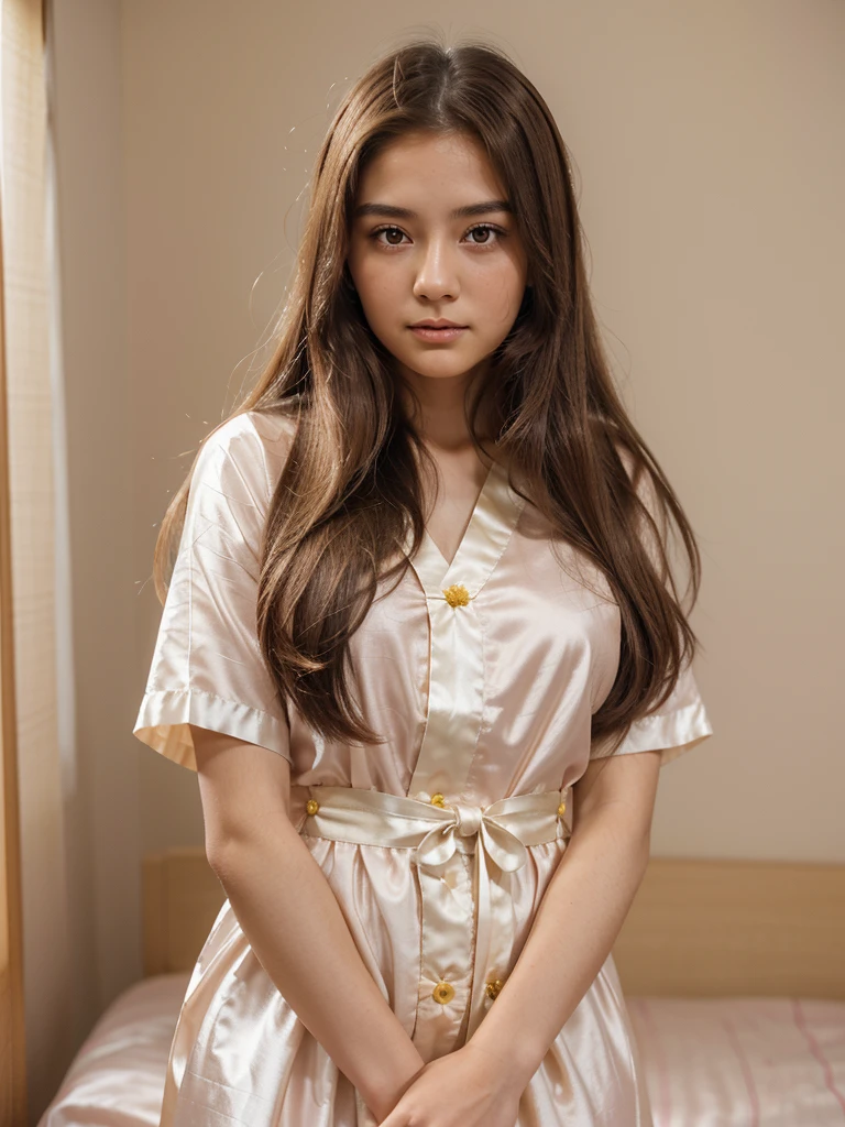 A 20 year old woman with long hair, wearing a traditional Japanese nightdress like a goddess, with a calm expression, brown hair, brown eyes, wearing high-quality silk in pink, white and yellow, with a light background. beam,
