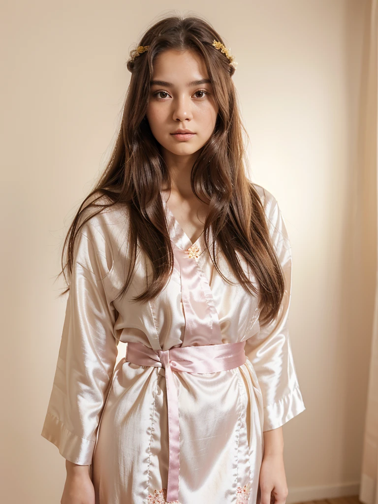 A 20 year old woman with long hair, wearing a traditional Japanese nightdress like a goddess, with a calm expression, brown hair, brown eyes, wearing high-quality silk in pink, white and yellow, with a light background. beam,