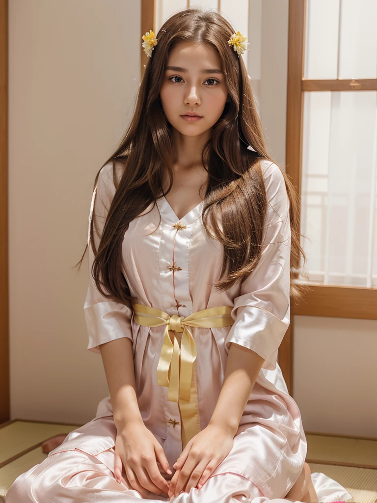 A 20 year old woman with long hair, wearing a traditional Japanese nightdress like a goddess, with a calm expression, brown hair, brown eyes, wearing high-quality silk in pink, white and yellow, with a light background. beam,