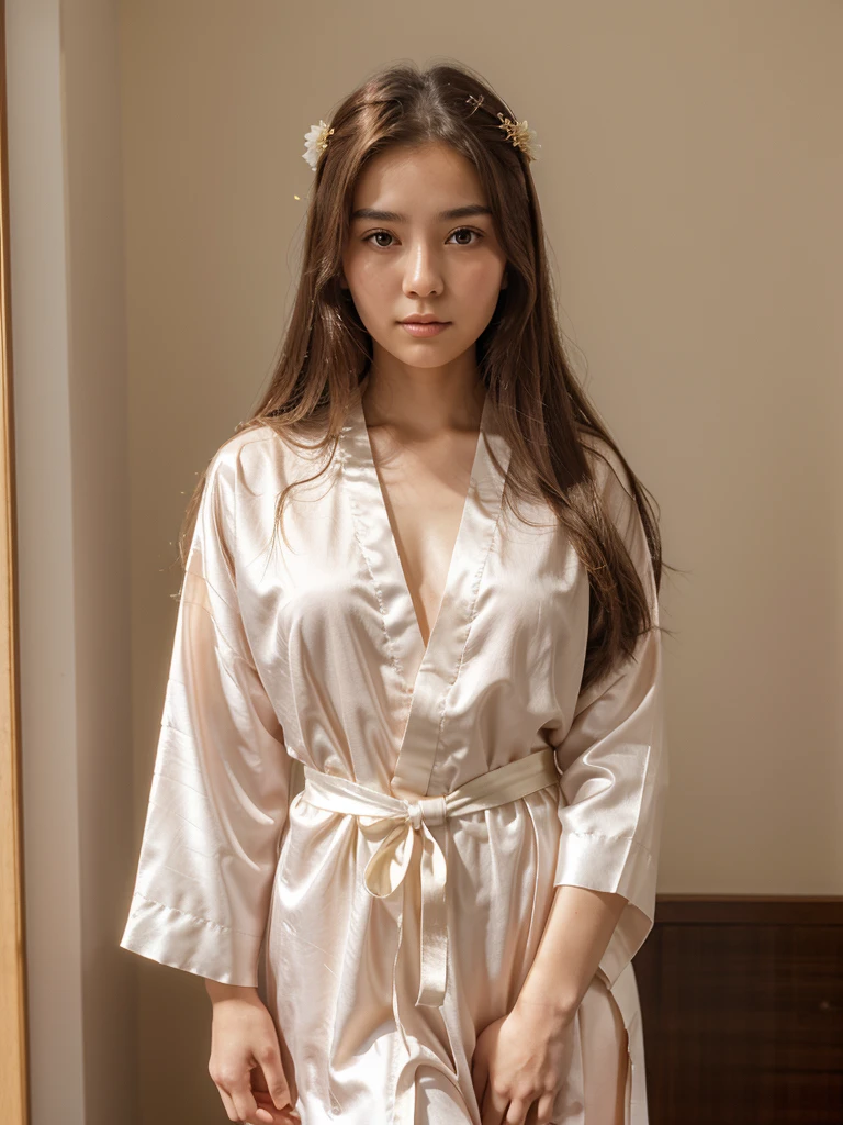 A 20 year old woman with long hair, wearing a traditional Japanese nightdress like a goddess, with a calm expression, brown hair, brown eyes, wearing high-quality silk in pink, white and yellow, with a light background. beam,