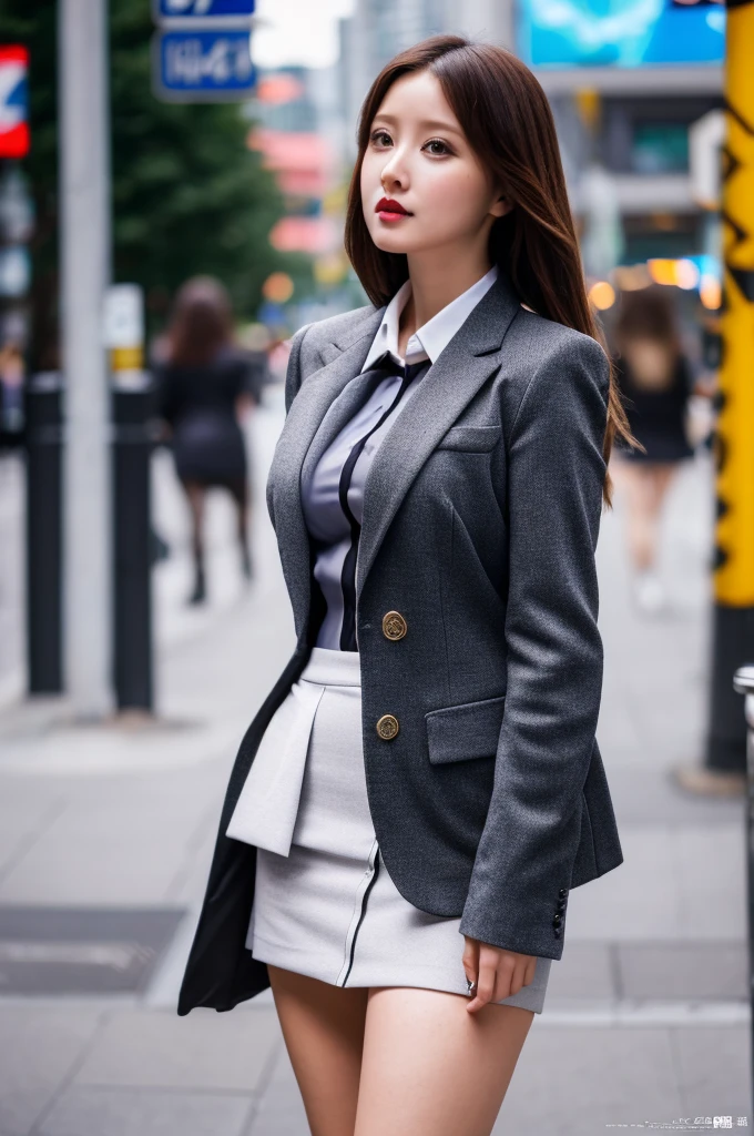 a 30 year old woman in skirt suit, she is the most beautiful actress in the world, the perfect proportions of her body, tight blazer is worn with shirt on her upperbody, shirt skirt is worn with panties on her lower body, her crotch in panties between her bare legs under short skirt, panties are able to be seen just a little, the perfect shape of her covered breasts, she is standing, at the city street, nsfw, best quality, highly detailed, masterpiece, ultra high res, photo realistic, 8k
