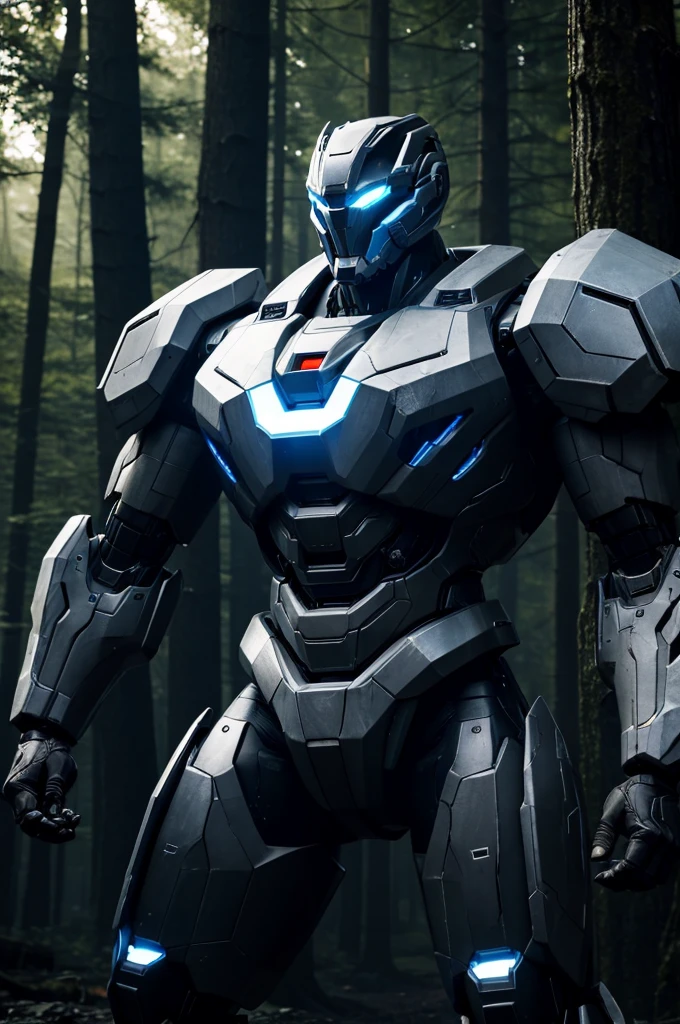 (best quality, masterpiece), machine, mech, dark body, white energy, bulky, humanoid, muscular, glowing chest, olf, fancy, ominous, deadly, forest background