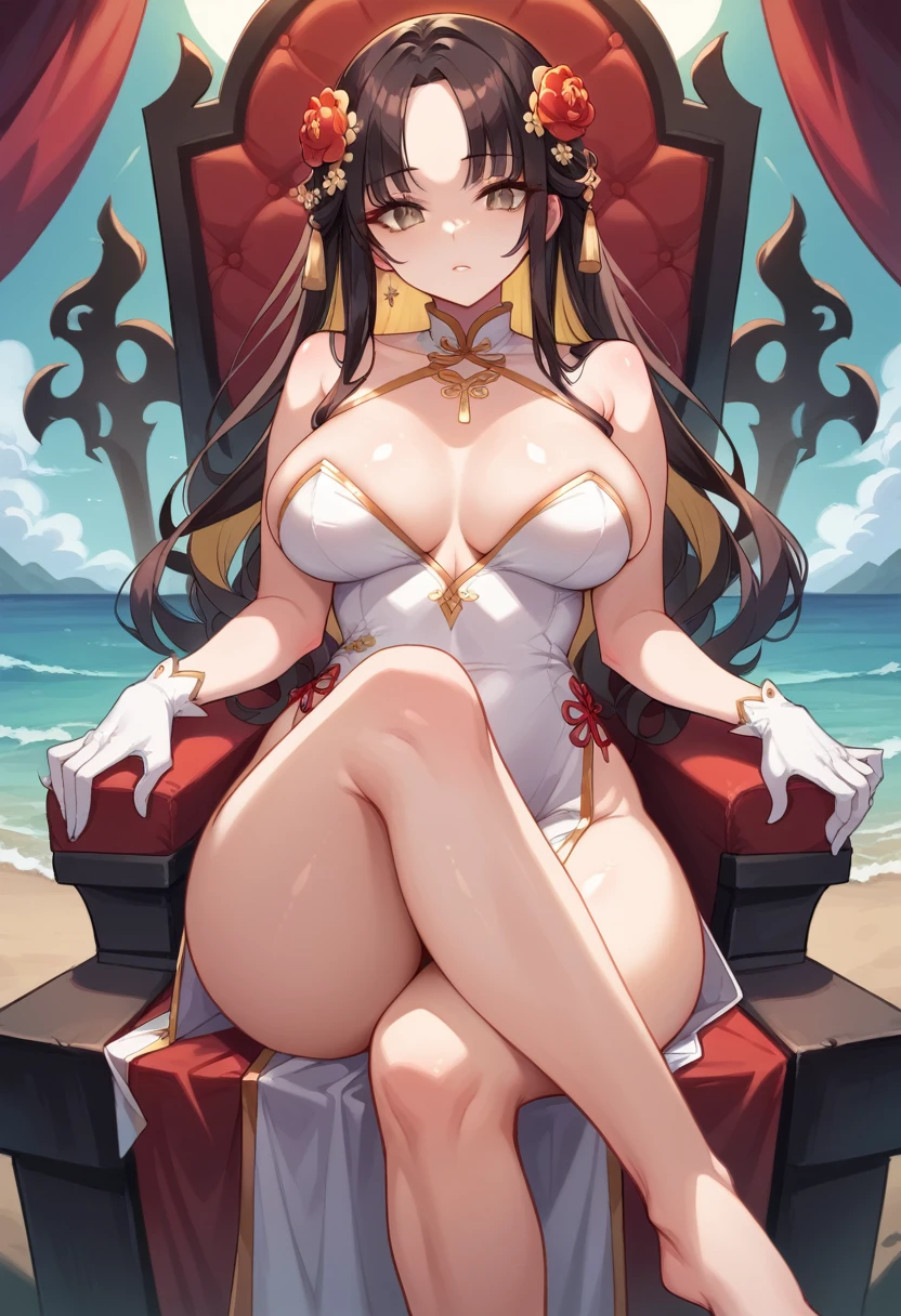 (((best quality))), ((ultra-detailed)), ((an extremely delicate and beautiful)), ((16k)), realistic, hd, cgi, gleaming hair, gleaming skin, gleaming dress, Character focus, solo, sitting down pose on a high throne, strong light coming in, sharp focus, illustration, game cg, anime, solo, curvy, (big breasts:1.3), forehead, ( white gold lining Chinese Lace Up Cheongsam Open Chest Bodycon Dress High Slit Qipao mini), faste collarbone, (belly:0.9), looking at the viewer, ocean, flower hair ornament, accessories, backlighting, shiny skin, shiny body, chibi, gloves, necklace, jewellery, black-brown hair, bead necklace, red faded into black colored hair, brown eyes, long hair, black bunny ears, red ombre hair, red-black hair, more yellow hair streaks, smaller dress, mommy goddess, thighs, looking down at the viewer, bare feet directed at the viewer, goddess, female dominance, mean look