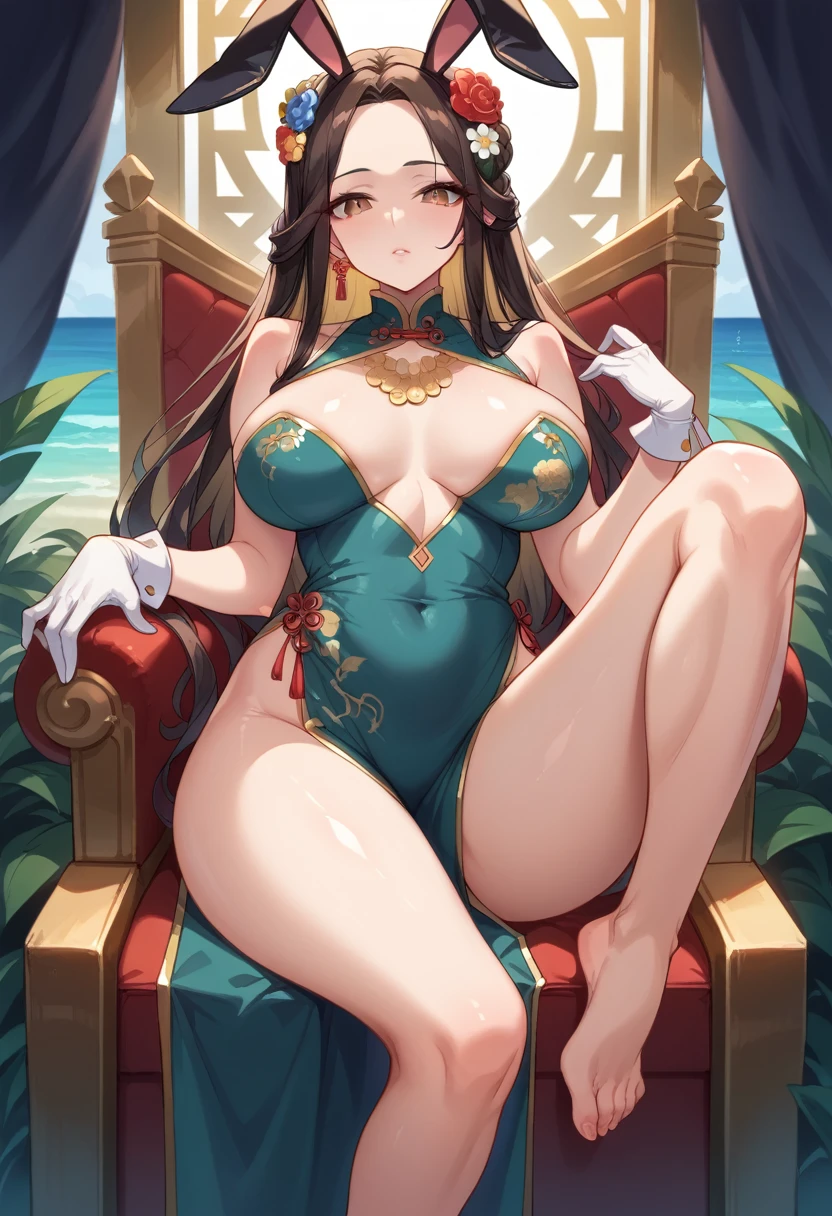(((best quality))), ((ultra-detailed)), ((an extremely delicate and beautiful)), ((16k)), realistic, hd, cgi, gleaming hair, gleaming skin, gleaming dress, Character focus, solo, sitting down pose on a high throne, strong light coming in, sharp focus, illustration, game cg, anime, solo, curvy, (big breasts:1.3), forehead, ( white gold lining Chinese Lace Up Cheongsam Open Chest Bodycon Dress High Slit Qipao mini), faste collarbone, (belly:0.9), looking at the viewer, ocean, flower hair ornament, accessories, backlighting, shiny skin, shiny body, chibi, gloves, necklace, jewellery, black-brown hair, bead necklace, red faded into black colored hair, brown eyes, long hair, black bunny ears, red ombre hair, red-black hair, more yellow hair streaks, smaller dress, mommy goddess, thighs, looking down at the viewer, bare feet directed at the viewer, goddess, female dominance, mean look