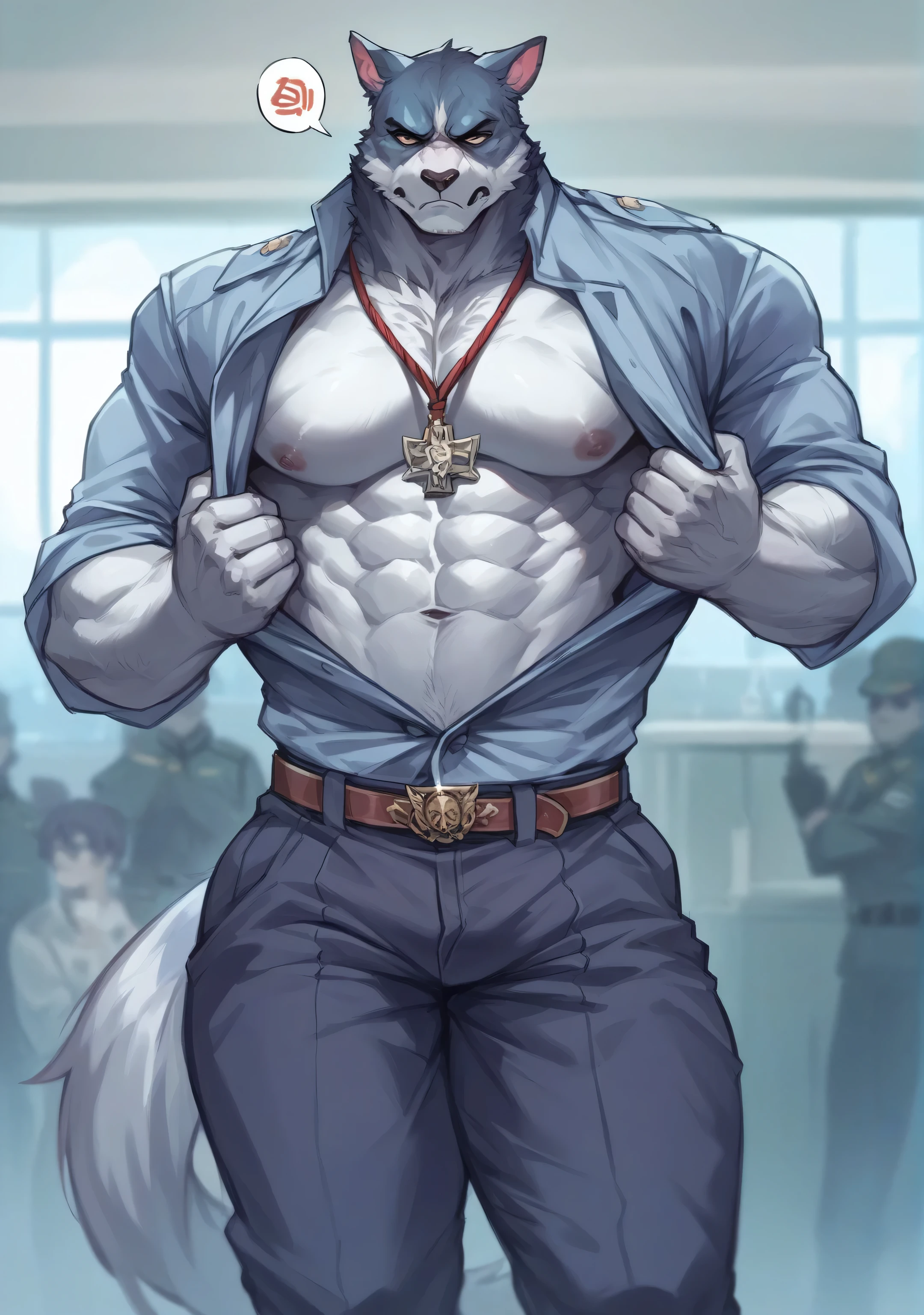 Wearing military uniform，Stern expression