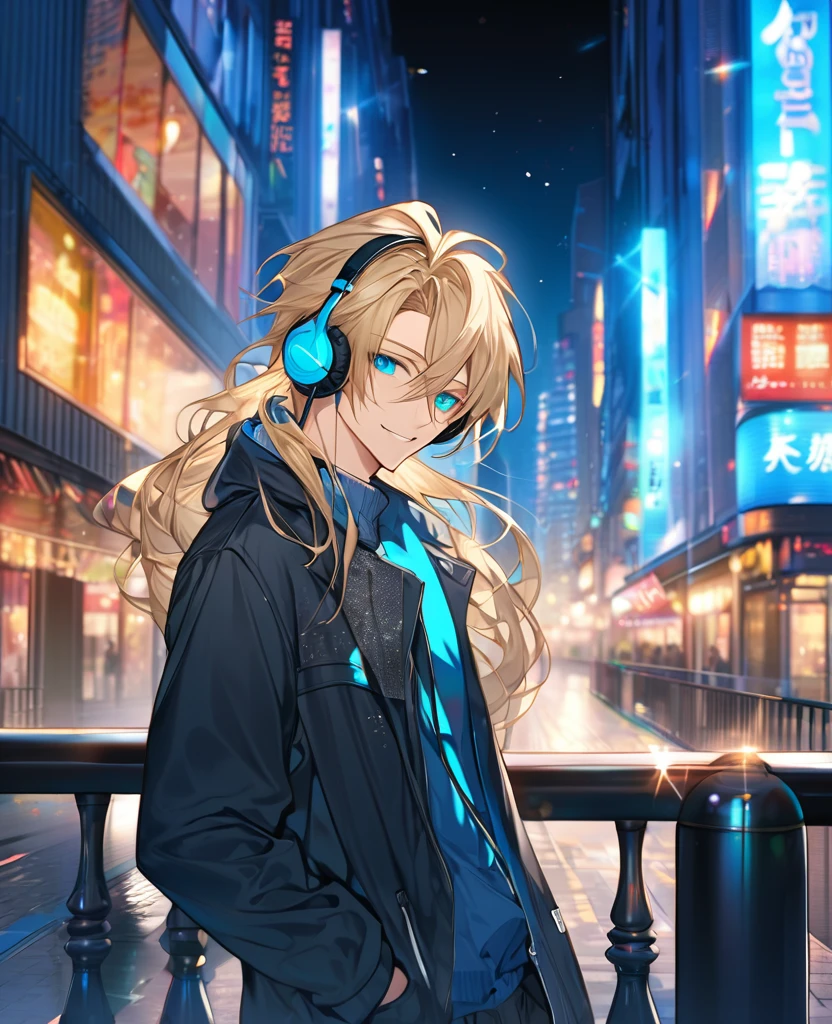 (Blonde_hair),(long_male_hair), (cyan_vibrant_eyes), (detailed_eyes), (warm_smile), (attractive), (background_colorful_night_city), (male), (detailed_Hair), (detailed), (wears_19's_outfit), (uses_headphones)
