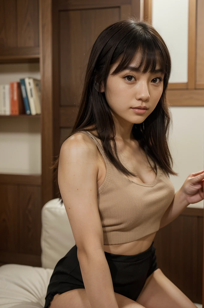 full body shot of a young girl with a black top and a black dress reading books, beautiful japanese girls face, japanese model, girl cute-fine-face, japanese facial features, by Tadashi Nakayama, young cute wan asian face, dark brown medium hair with bangs,, portrait of a japanese teen, extremely beautiful face, beautiful round eyes, symmetric eyes , focus on face, whole body facing at the camera directly, by Torii Kiyomoto, beautiful delicate face, chiho, lovely delicate face break, full body, long leg, masterpiece, best quality, hyper-detailed, ultra-detailed, 8k, highres, high-resolution, realistic, photorealistic, realistic details, intricate detail, break,
