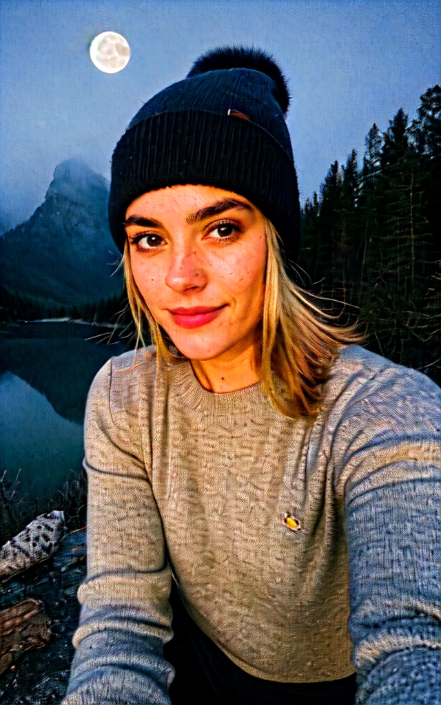 photograph, photo of beautiful woman, selfie, upper body, solo, wearing pullover, outdoors, (night), mountains, real life nature, stars, moon, cheerful, happy, gloves, sweater, beanie, forest, rocks, river, wood, smoke, fog, looking at viewer, skin texture, photo grain, close up, RAW photo