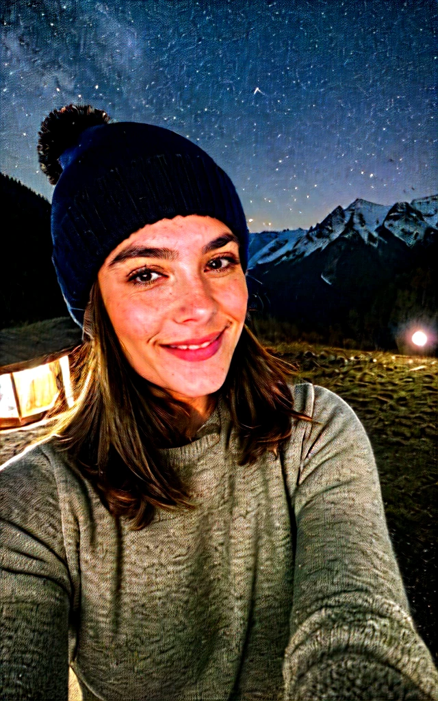 photograph, photo of beautiful woman, selfie, upper body, solo, wearing pullover, outdoors, (night), mountains, real life nature, stars, moon, cheerful, happy, gloves, sweater, beanie, forest, rocks, river, wood, smoke, fog, looking at viewer, skin texture, photo grain, close up, RAW photo
