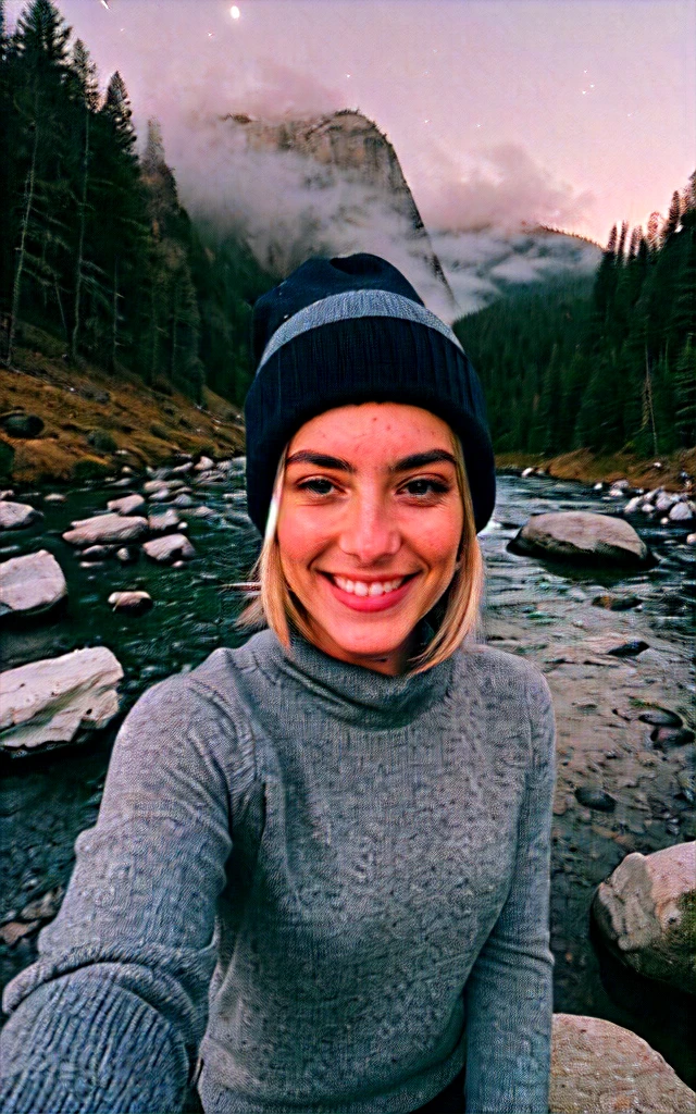 photograph, photo of beautiful woman, selfie, upper body, solo, wearing pullover, outdoors, (night), mountains, real life nature, stars, moon, cheerful, happy, gloves, sweater, beanie, forest, rocks, river, wood, smoke, fog, looking at viewer, skin texture, photo grain, close up, RAW photo