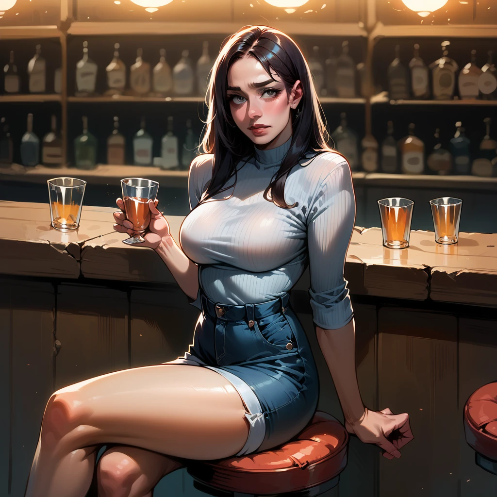 8k, best quality, realistic photos, realistic details, clear face, delicate facial features, real skin shine, a cute girl, shy, facing the camera, girl sitting in a bar in a gray fishnet sweater and tight denim, clear bar background, sea view, arms on bar counter, hips, slim body, big breasts, 24 years old, charming, seductive eyes