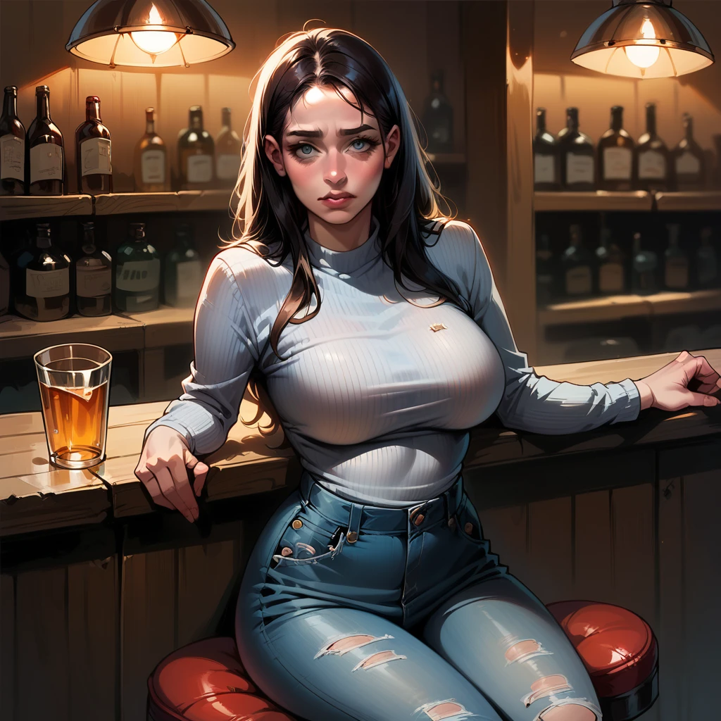 8k, best quality, realistic photos, realistic details, oral rape, clear face, delicate facial features, real skin shine, oral rape of a cute girl, shy, facing the camera, girl sitting in a bar in a gray fishnet sweater and tight panties, clear bar background, sea view, arms on bar counter, hips, slim body, big breasts, 24 years old, charming, seductive eyes