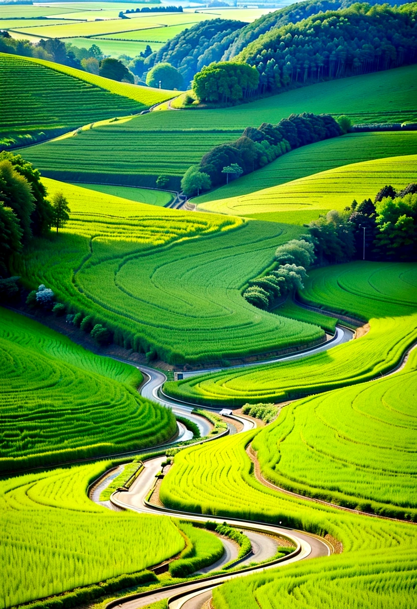 Lush green rice fields and、Rich ears of rice swaying in the breeze, Soft sunlight shining into the fields, Lush tree々A winding road through fields surrounded by, Creating a tranquil rural landscape, High resolution, High quality images, Serene atmosphere, Bright green, Warm sunshine, Peaceful countryside painting style.