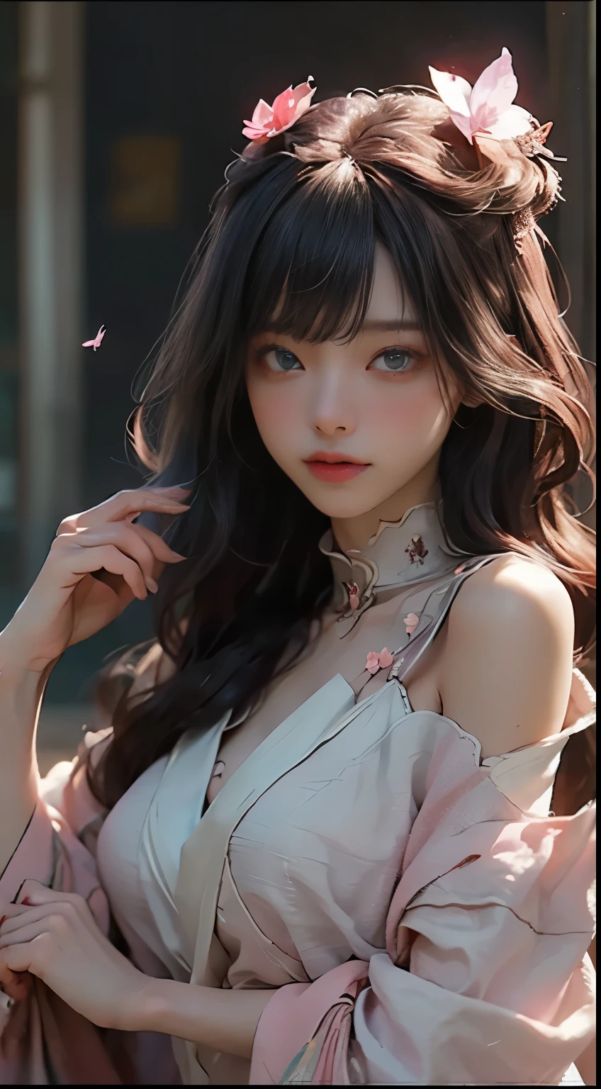 ((Highest quality)), ((masterpiece)), (detailed:1.4), 3d, Beautiful Cyberpunk Female Images,High resolution(High Dynamic Range),Ray Tracing,NVIDIA,Super Resolution,Fantasy 5,Scattered beneath the surface,PBR Textures,Post-processing,Anisotropic Filtering,Depth of written boundary,Maximum clarity and sharpness,Multilayer Texture,Albedo and Specular Maps,Surface Shading,Accurate simulation of material interactions,Perfect balance,Rendering with Octane,Two-color light,Large diameter,Low ISO,White balance,Rule 3 points、8K raw data、Beautiful and bright eyes,Off-the-shoulder clothing,Great students,Delicate face and eyes,Long eyelashes,Blush Lash,Delicate and fluffy hair,Pink Lips,Pure,Cute big breasts,pretty girl,Artistic Sense,Casual wear,Advanced Sense,butterfly,Cherry blossom petals,Beautiful hair accessories