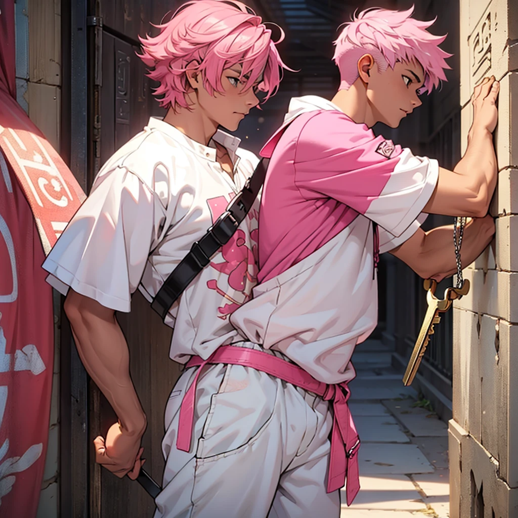 The hero with short pink hair, adolescent, white outfit, pink and black. Egyptian golden key holder