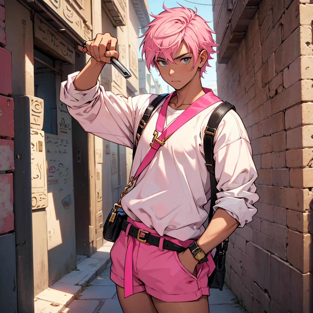 The hero with short pink hair, adolescent, white outfit, pink and black. Egyptian golden key holder