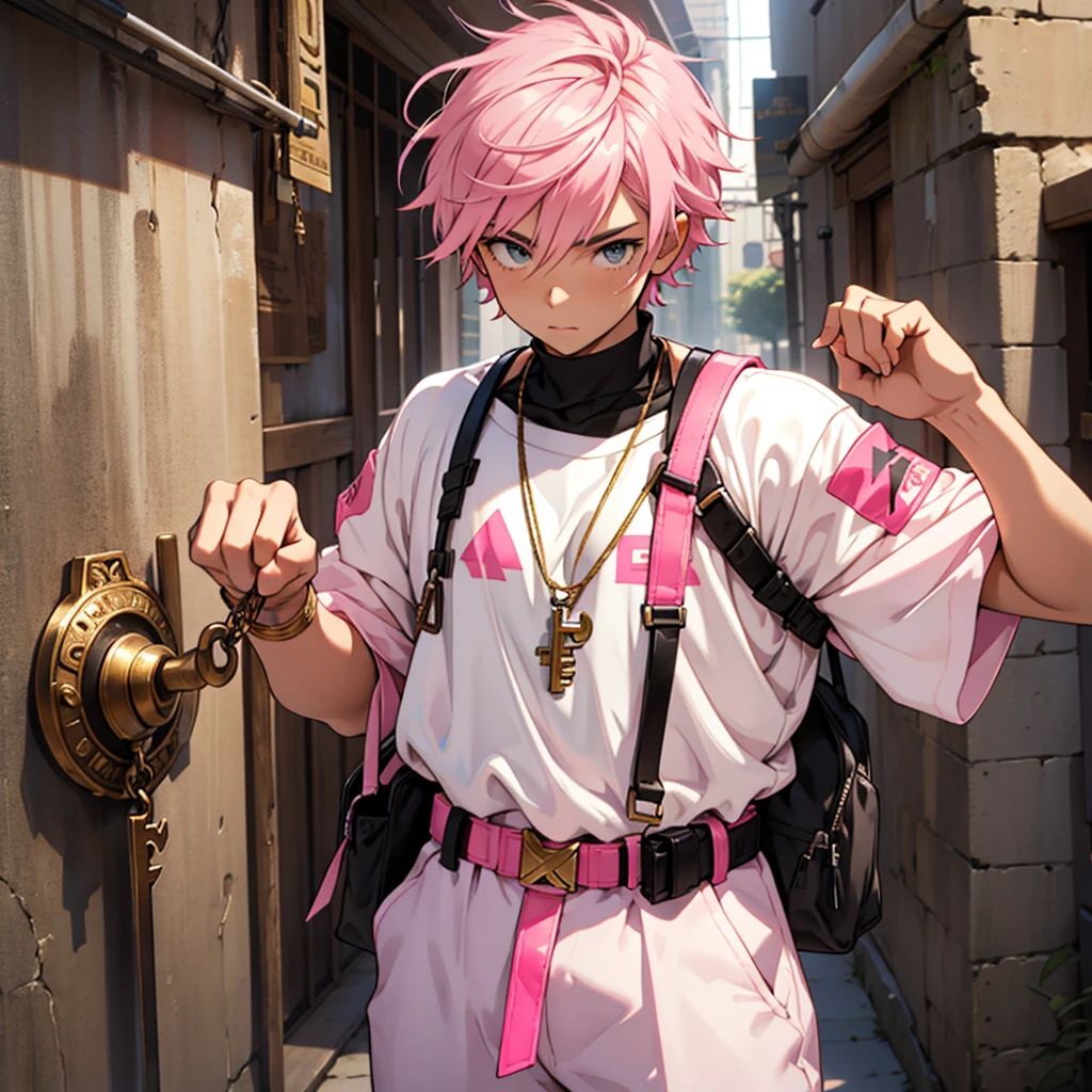 The hero with short pink hair, adolescent, white outfit, pink and black. Egyptian golden key holder