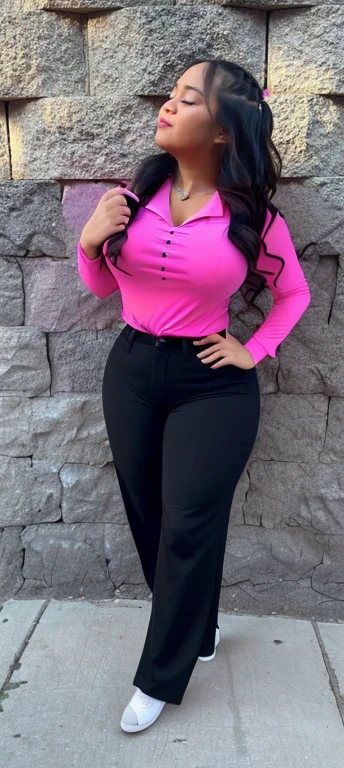 a woman in a pink shirt and black pants standing in front of a stone wall, hot pink and black, pink and black, neon pink and black color scheme, tight outfit, pink body, lorena avarez, alanis guillen, marischa becker, pink clothes, full body shot close up, hot pink, some pink, photograph of a techwear woman, beautiful girl, big ass, bbw, thick, thick thighs, wide hips, bbw, big , falling out the side, thick nipples, large areola, filipina, cute, chubby stomach, nipples poking out, tan skin, from front, muffin top, thick belly, oily